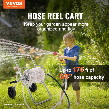 Hose Reel Cart, Hold Up to 300 ft of 5/8’’ Hose, Garden Water Hose Carts Mobile Tools with 4 Wheels, Heavy Duty Powder-Coated Steel Outdoor Planting with Storage Basket, for Garden, Yard, Lawn