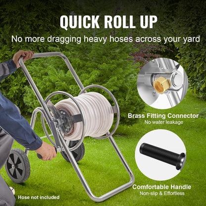 Hose Reel Cart, Hold Up to 300 ft of 5/8’’ Hose, Garden Water Hose Carts Mobile Tools with 4 Wheels, Heavy Duty Powder-Coated Steel Outdoor Planting with Storage Basket, for Garden, Yard, Lawn