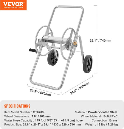 Hose Reel Cart, Hold Up to 300 ft of 5/8’’ Hose, Garden Water Hose Carts Mobile Tools with 4 Wheels, Heavy Duty Powder-Coated Steel Outdoor Planting with Storage Basket, for Garden, Yard, Lawn