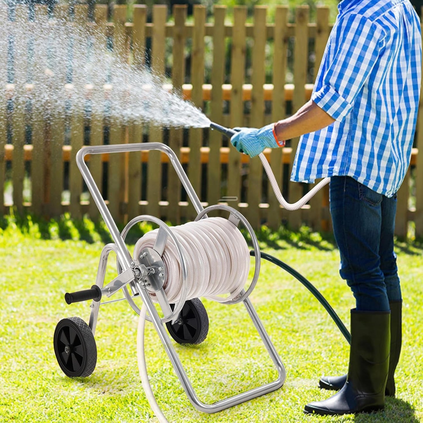 Hose Reel Cart, Hold Up to 300 ft of 5/8’’ Hose, Garden Water Hose Carts Mobile Tools with 4 Wheels, Heavy Duty Powder-Coated Steel Outdoor Planting with Storage Basket, for Garden, Yard, Lawn