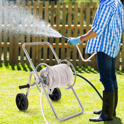 Hose Reel Cart, Hold Up to 300 ft of 5/8’’ Hose, Garden Water Hose Carts Mobile Tools with 4 Wheels, Heavy Duty Powder-Coated Steel Outdoor Planting with Storage Basket, for Garden, Yard, Lawn
