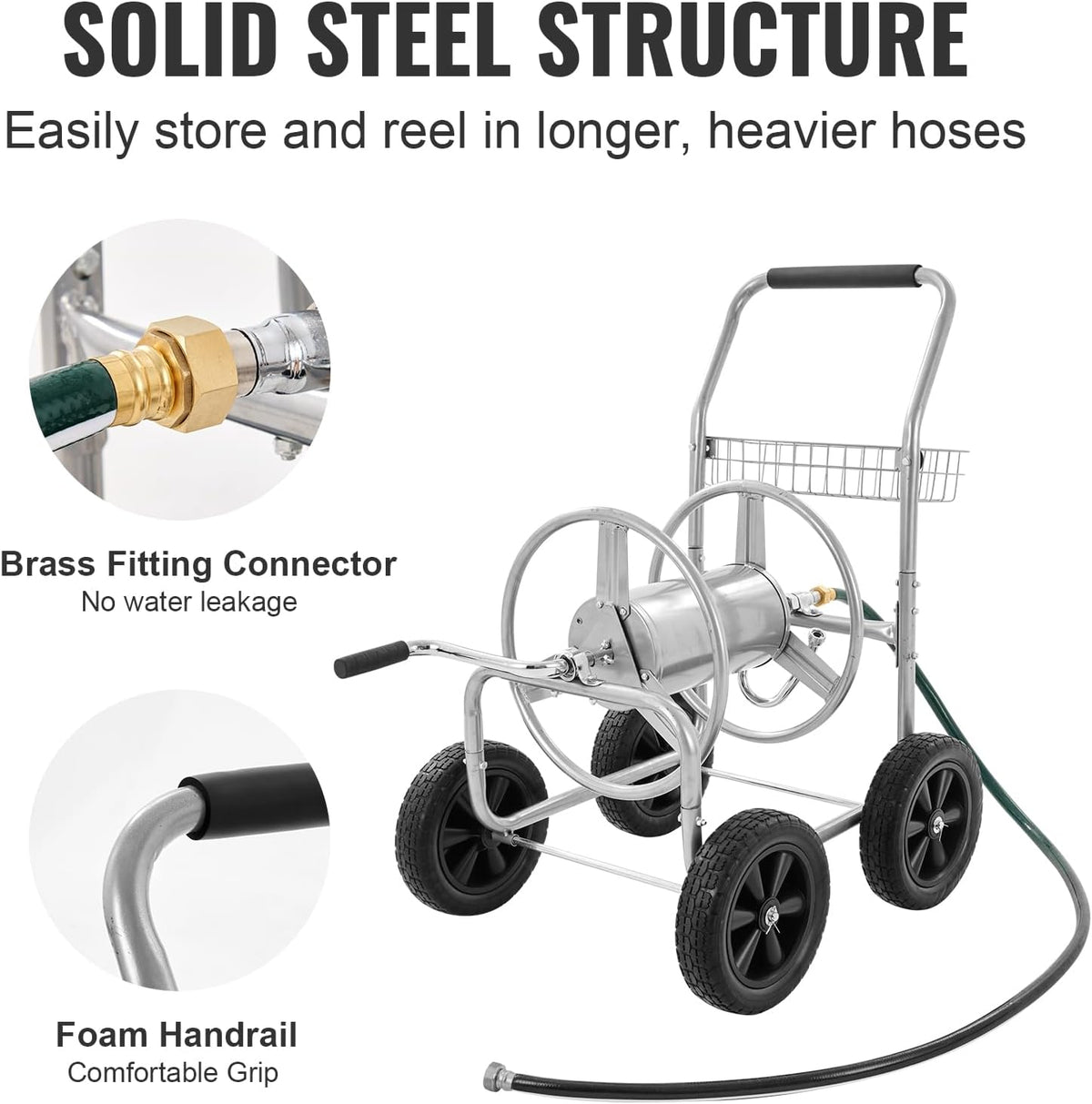 Hose Reel Cart, Hold Up to 300 ft of 5/8’’ Hose, Garden Water Hose Carts Mobile Tools with 4 Wheels, Heavy Duty Powder-Coated Steel Outdoor Planting with Storage Basket, for Garden, Yard, Lawn