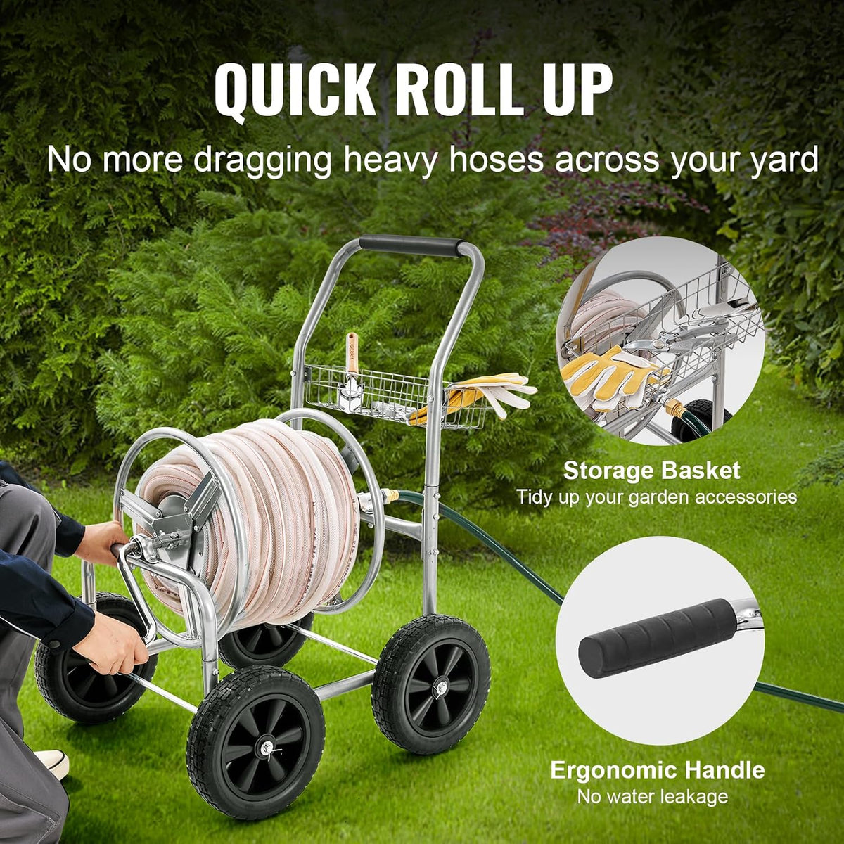 Hose Reel Cart, Hold Up to 300 ft of 5/8’’ Hose, Garden Water Hose Carts Mobile Tools with 4 Wheels, Heavy Duty Powder-Coated Steel Outdoor Planting with Storage Basket, for Garden, Yard, Lawn
