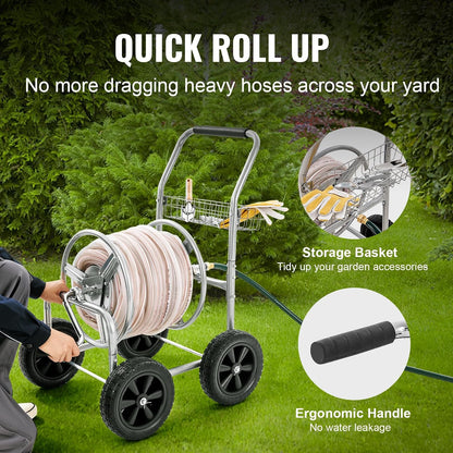 Hose Reel Cart, Hold Up to 300 ft of 5/8’’ Hose, Garden Water Hose Carts Mobile Tools with 4 Wheels, Heavy Duty Powder-Coated Steel Outdoor Planting with Storage Basket, for Garden, Yard, Lawn