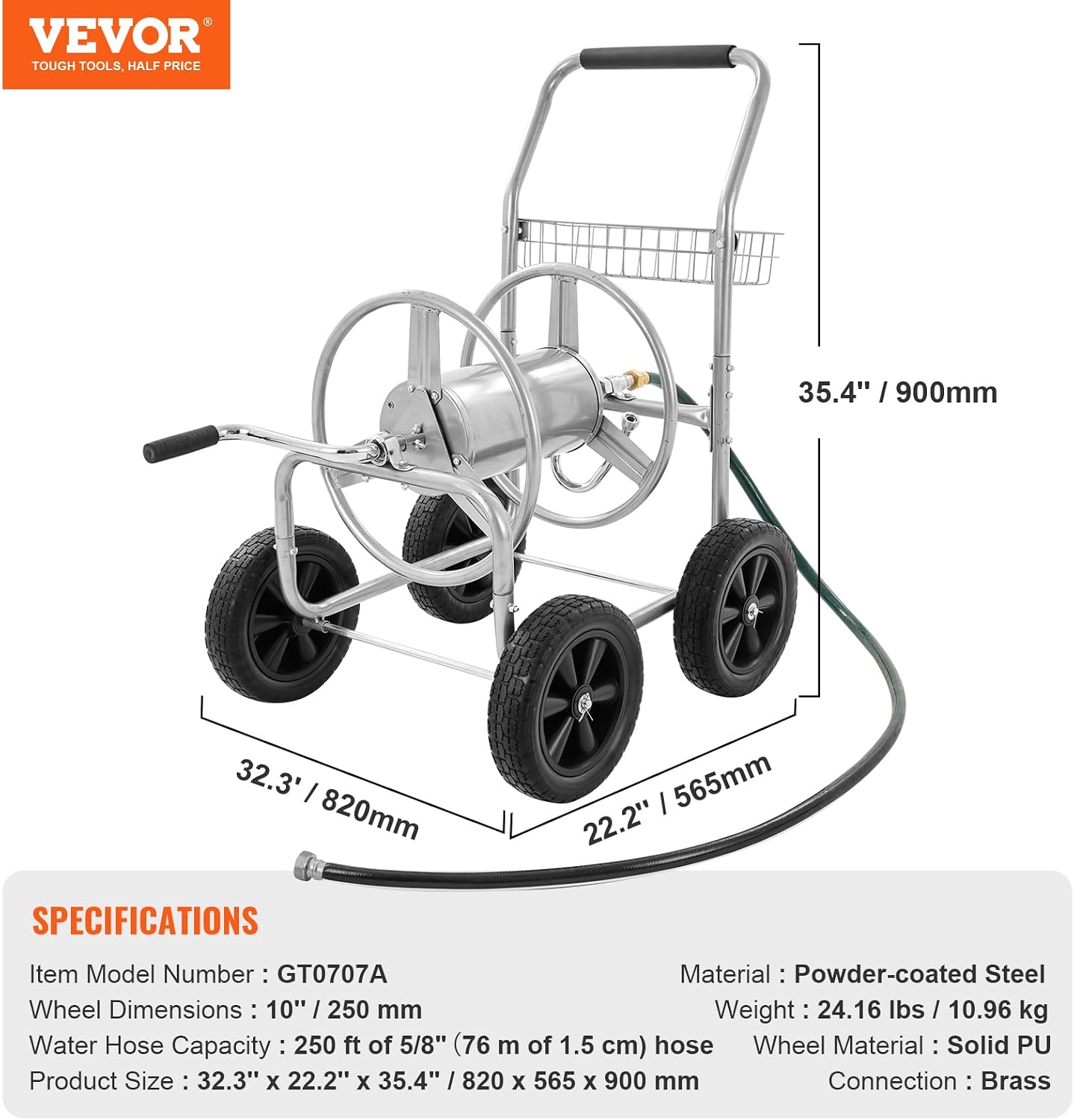 Hose Reel Cart, Hold Up to 300 ft of 5/8’’ Hose, Garden Water Hose Carts Mobile Tools with 4 Wheels, Heavy Duty Powder-Coated Steel Outdoor Planting with Storage Basket, for Garden, Yard, Lawn
