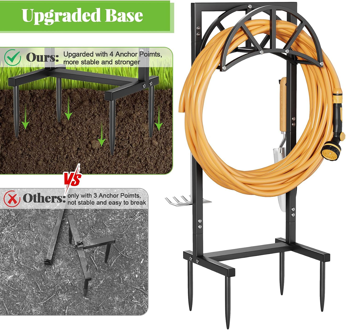 Garden Hose Holder Freestanding with 4 Spikes, Upgraded Water Hose Holder with Stainless Steel Screws, Heavy Duty Hose Stand Holds (Deep Black)