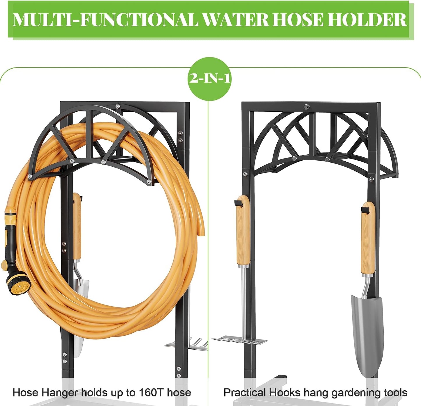 Garden Hose Holder Freestanding with 4 Spikes, Upgraded Water Hose Holder with Stainless Steel Screws, Heavy Duty Hose Stand Holds (Deep Black)