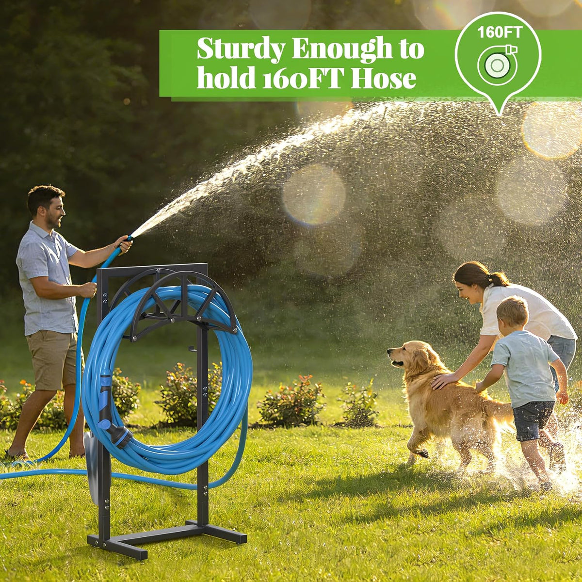 Garden Hose Holder Freestanding with 4 Spikes, Upgraded Water Hose Holder with Stainless Steel Screws, Heavy Duty Hose Stand Holds (Deep Black)