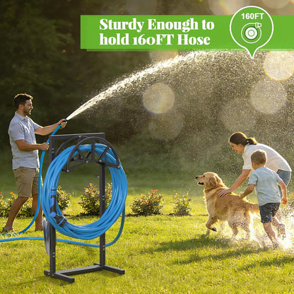 Garden Hose Holder Freestanding with 4 Spikes, Upgraded Water Hose Holder with Stainless Steel Screws, Heavy Duty Hose Stand Holds (Deep Black)