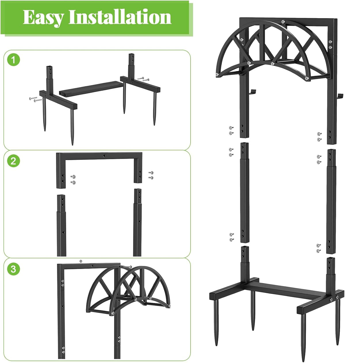 Garden Hose Holder Freestanding with 4 Spikes, Upgraded Water Hose Holder with Stainless Steel Screws, Heavy Duty Hose Stand Holds (Deep Black)