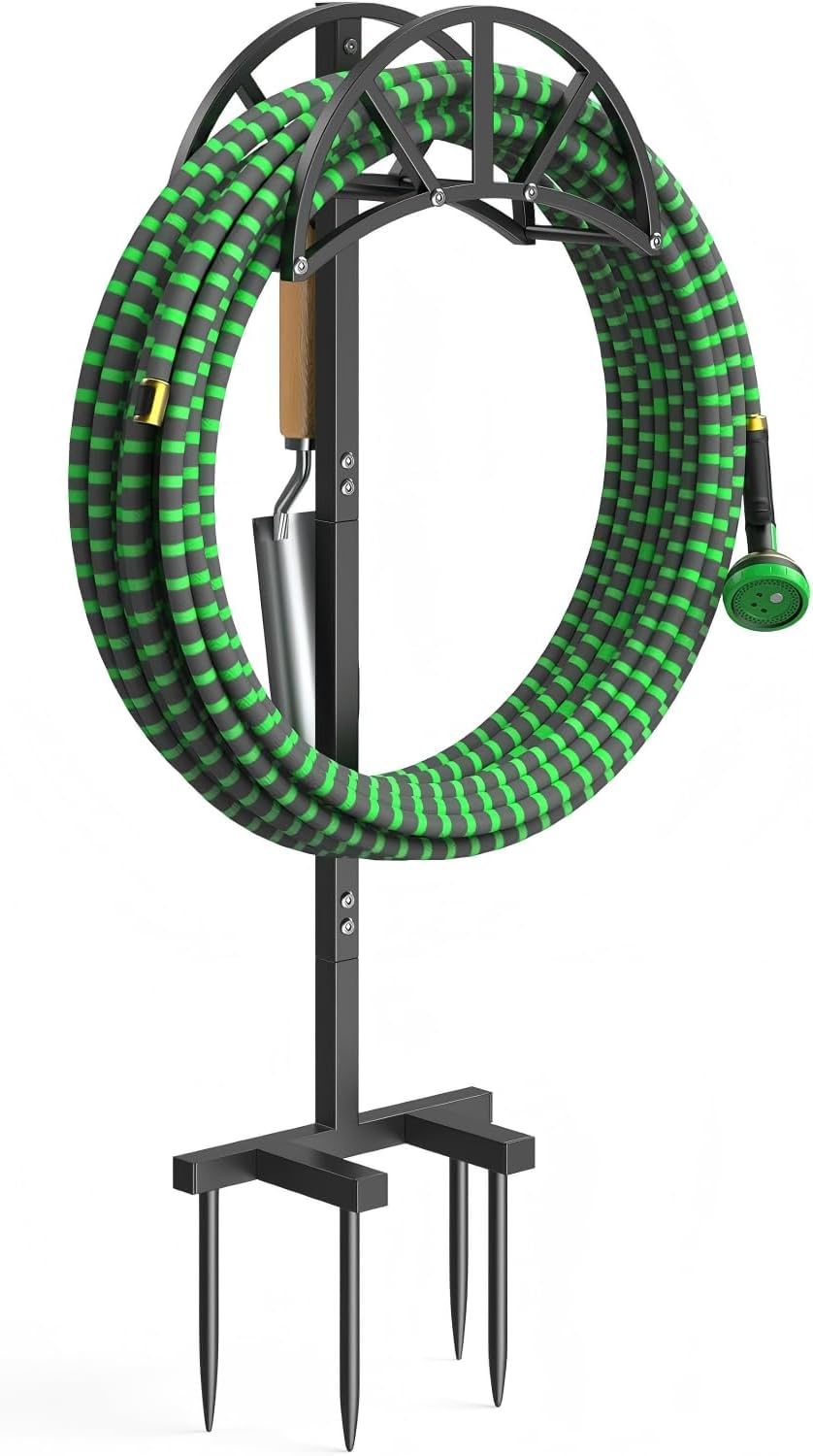 Garden Hose Holder Freestanding with 4 Spikes, Upgraded Water Hose Holder with Stainless Steel Screws, Heavy Duty Hose Stand Holds (Deep Black)