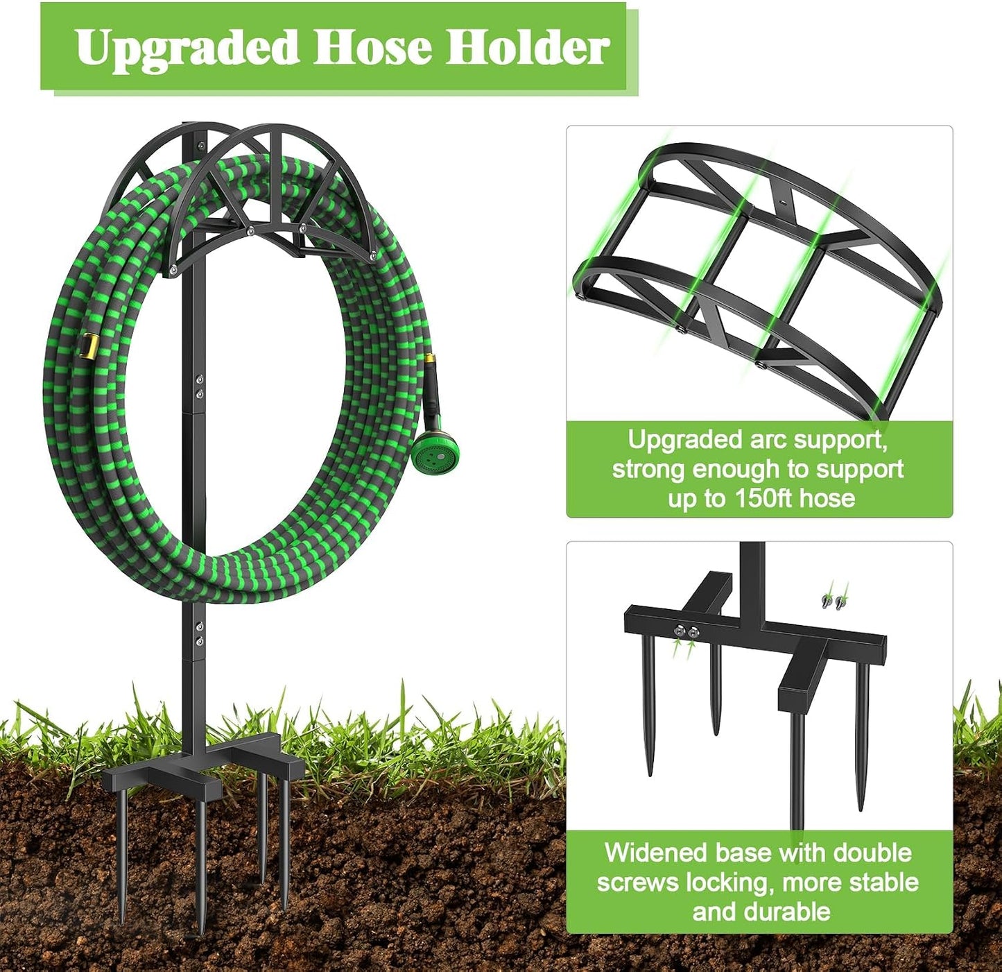 Garden Hose Holder Freestanding with 4 Spikes, Upgraded Water Hose Holder with Stainless Steel Screws, Heavy Duty Hose Stand Holds (Deep Black)