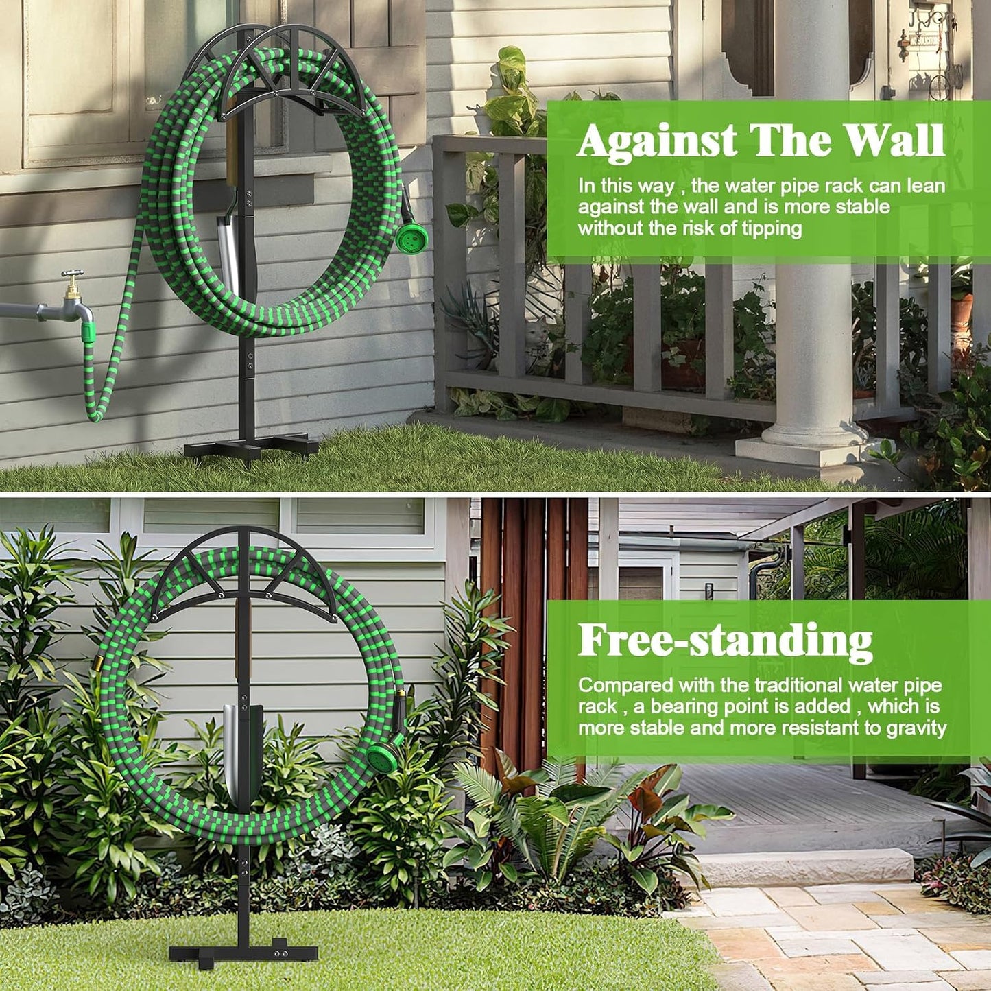 Garden Hose Holder Freestanding with 4 Spikes, Upgraded Water Hose Holder with Stainless Steel Screws, Heavy Duty Hose Stand Holds (Deep Black)