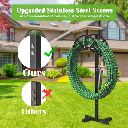 Garden Hose Holder Freestanding with 4 Spikes, Upgraded Water Hose Holder with Stainless Steel Screws, Heavy Duty Hose Stand Holds (Deep Black)