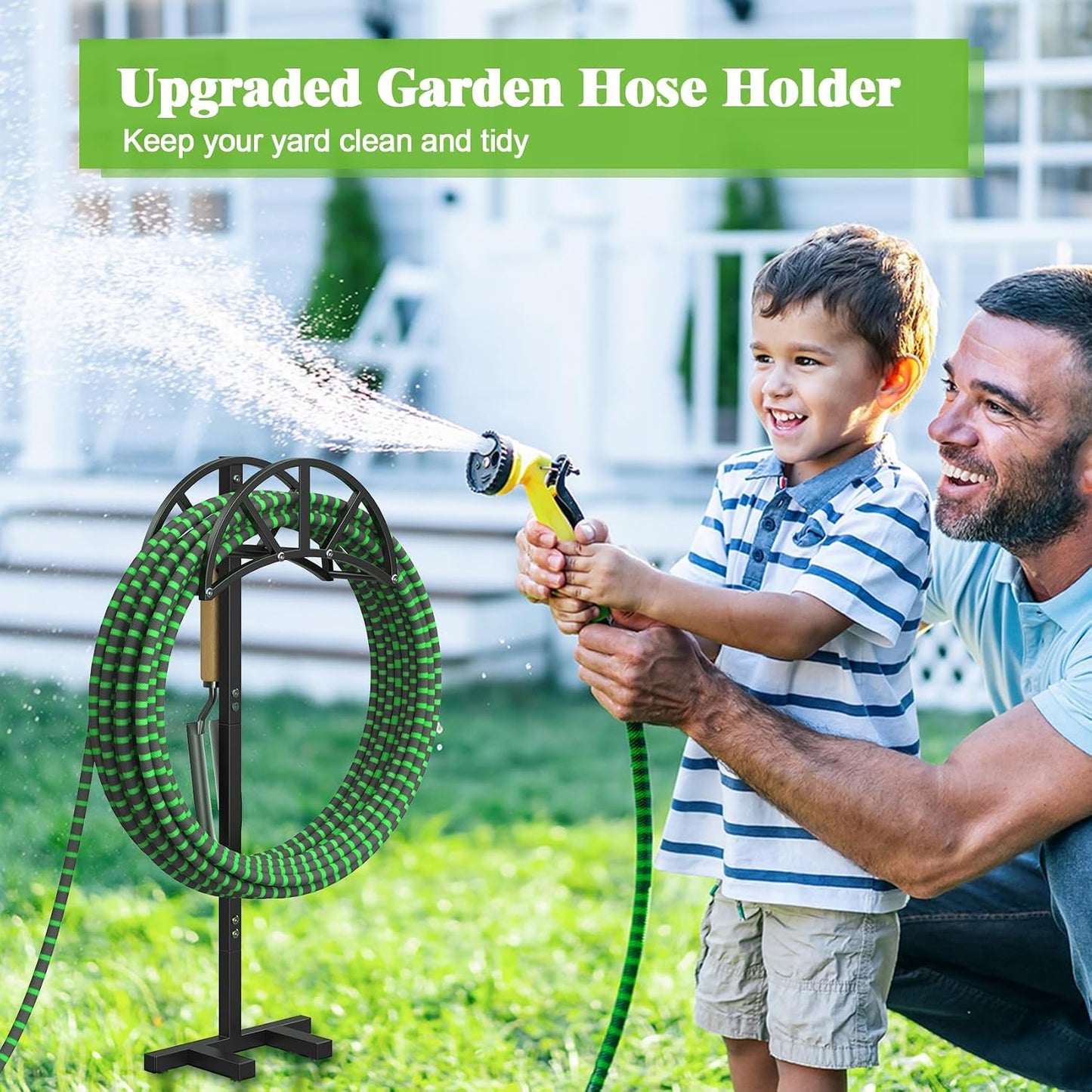 Garden Hose Holder Freestanding with 4 Spikes, Upgraded Water Hose Holder with Stainless Steel Screws, Heavy Duty Hose Stand Holds (Deep Black)