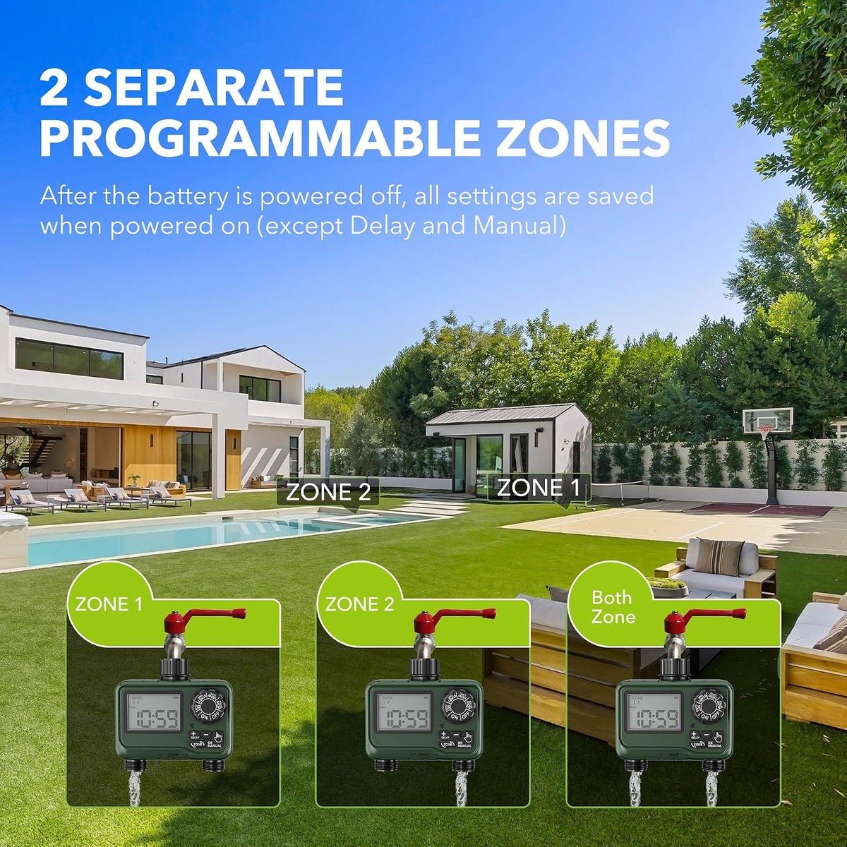 Outdoor Water Timer for Lawn, 2 Zone Programmable Sprinkler Timer