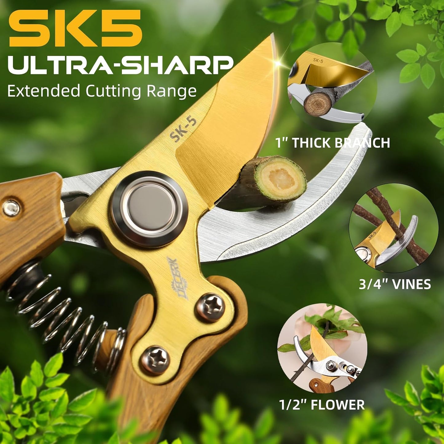 DECERK® 8.5" Professional Pruning Shears, Effortlessly Prunes 3/4" Branches