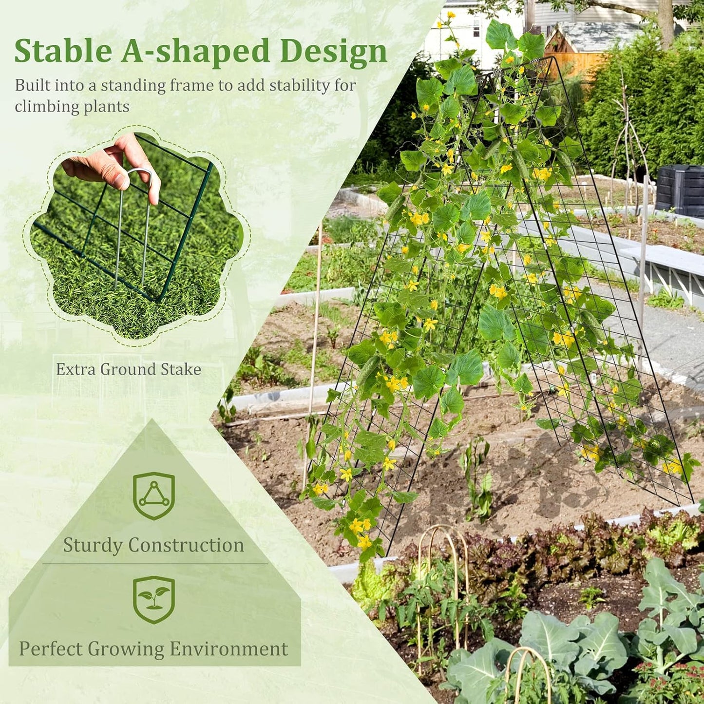 46 x 34 Inch Cucumber Trellis for Garden, 4 PCS Foldable A-Shape Plant Support W/18 Clips, 8 Ground Stakes, 4 Spiral Connectors, 12 Cable Tie, Twist Tie, Garden Trellis for Climbing Plants