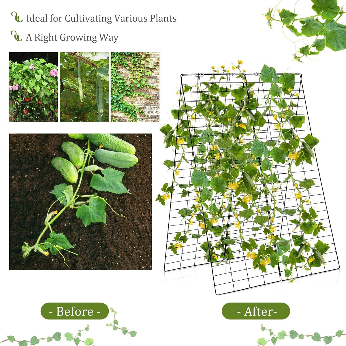 46 x 34 Inch Cucumber Trellis for Garden, 4 PCS Foldable A-Shape Plant Support W/18 Clips, 8 Ground Stakes, 4 Spiral Connectors, 12 Cable Tie, Twist Tie, Garden Trellis for Climbing Plants