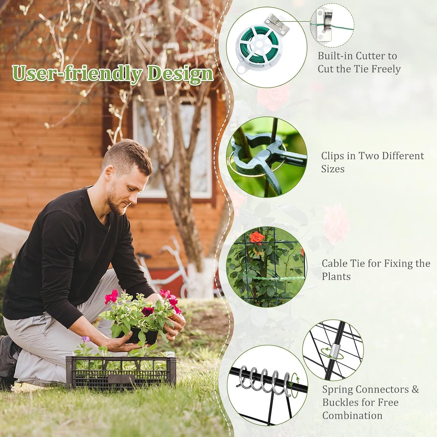 46 x 34 Inch Cucumber Trellis for Garden, 4 PCS Foldable A-Shape Plant Support W/18 Clips, 8 Ground Stakes, 4 Spiral Connectors, 12 Cable Tie, Twist Tie, Garden Trellis for Climbing Plants