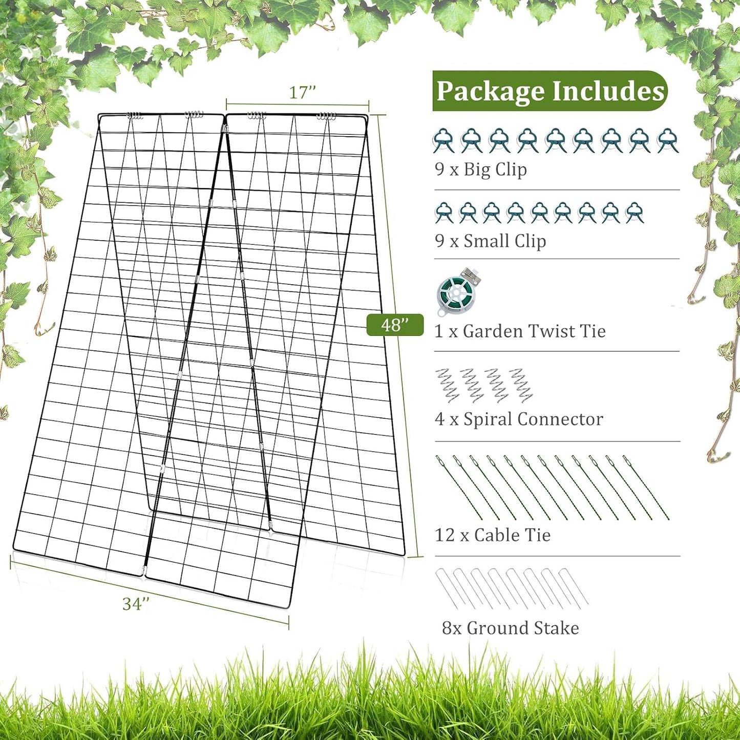 46 x 34 Inch Cucumber Trellis for Garden, 4 PCS Foldable A-Shape Plant Support W/18 Clips, 8 Ground Stakes, 4 Spiral Connectors, 12 Cable Tie, Twist Tie, Garden Trellis for Climbing Plants