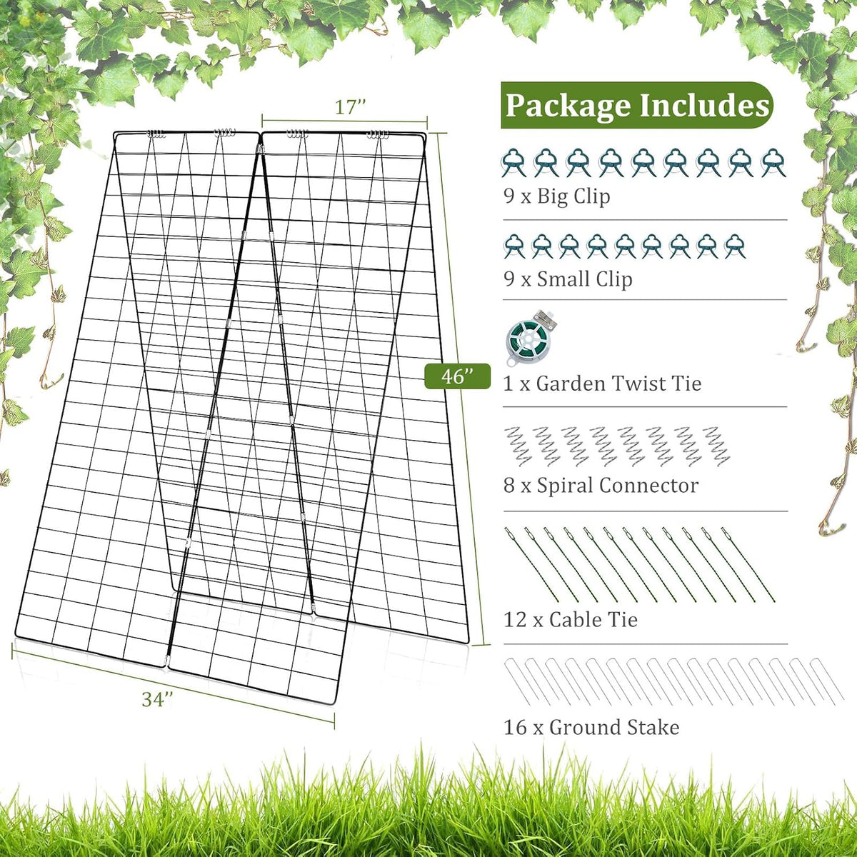 46 x 34 Inch Cucumber Trellis for Garden, 4 PCS Foldable A-Shape Plant Support W/18 Clips, 8 Ground Stakes, 4 Spiral Connectors, 12 Cable Tie, Twist Tie, Garden Trellis for Climbing Plants