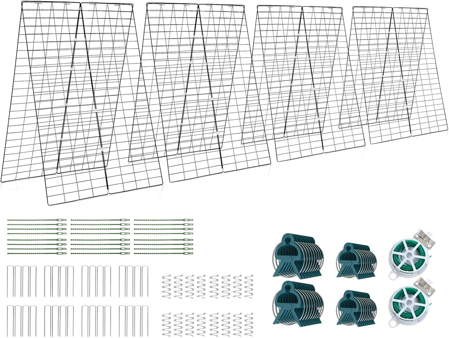 46 x 34 Inch Cucumber Trellis for Garden, 4 PCS Foldable A-Shape Plant Support W/18 Clips, 8 Ground Stakes, 4 Spiral Connectors, 12 Cable Tie, Twist Tie, Garden Trellis for Climbing Plants
