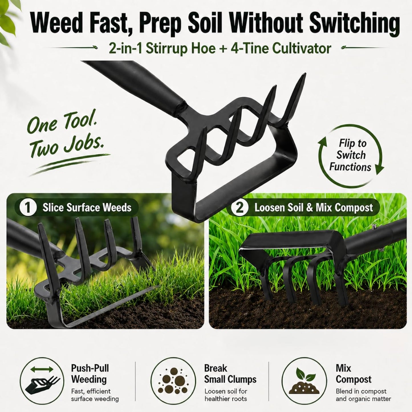 Garden Hoe with Cultivator Rake, 2-in-1 Heavy Duty Action Stirrup Hoe with Sharp Blade,60" Adjustable Long Handle Loop Scuffle Hoe for Fast Weeding, Loosening Soil, Aerating and Mixing Compost