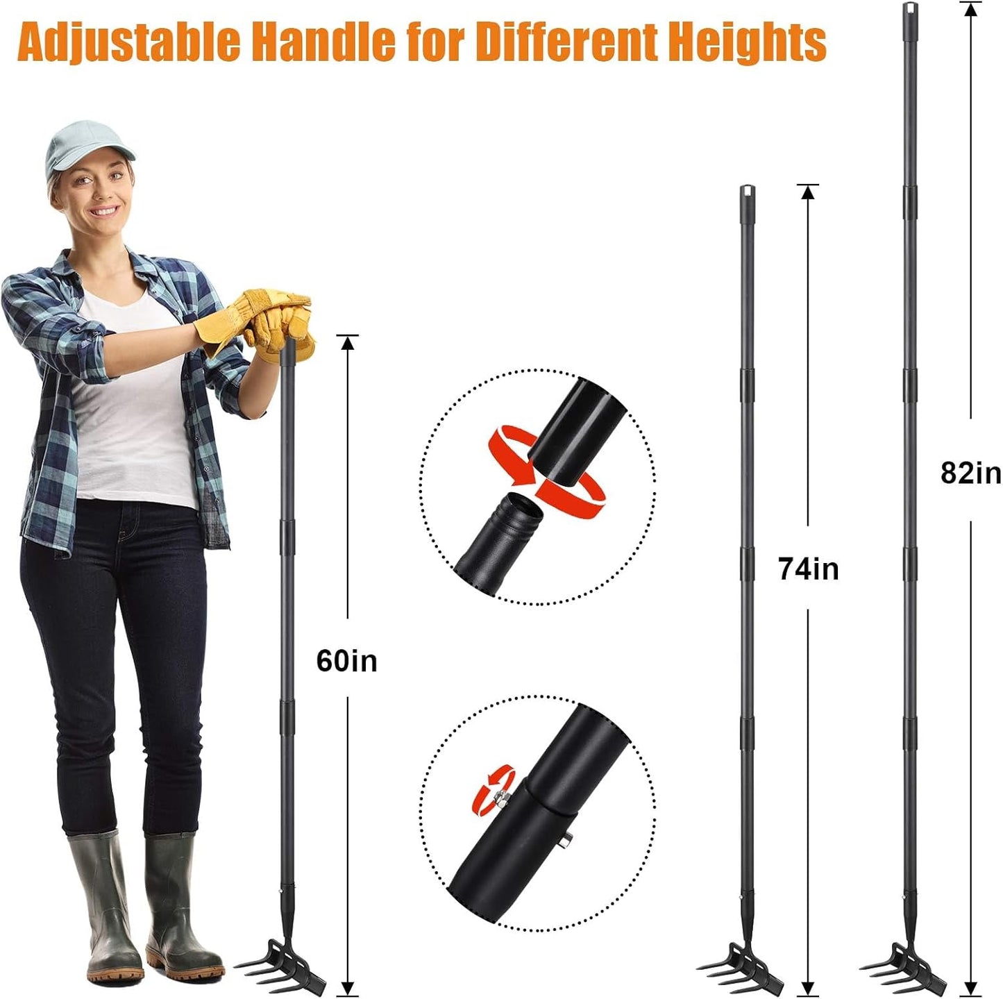 Garden Hoe with Cultivator Rake, 2-in-1 Heavy Duty Action Stirrup Hoe with Sharp Blade,60" Adjustable Long Handle Loop Scuffle Hoe for Fast Weeding, Loosening Soil, Aerating and Mixing Compost