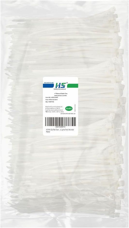 1000 Pack Mini Zip Ties Clear Plastic Ties 4 Inch Bulk 4" White Cable Ties 18 Lb for Bag Tags,Electric,Lights,Party Decorate