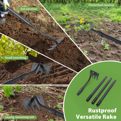 Manual Weeder Tool,4 Tines Garden Weeding Rake with Sharp Blade,55 Inch Long Handle,Heavy Duty Stand Weeding Tool for Weeding Loosening Soil Gathering Leaf Leveling Thatch Rake