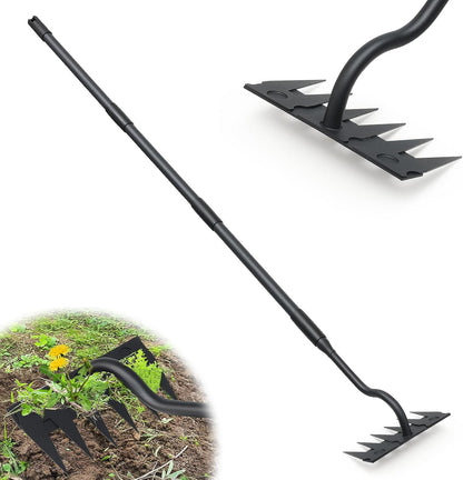 Manual Weeder Tool,4 Tines Garden Weeding Rake with Sharp Blade,55 Inch Long Handle,Heavy Duty Stand Weeding Tool for Weeding Loosening Soil Gathering Leaf Leveling Thatch Rake