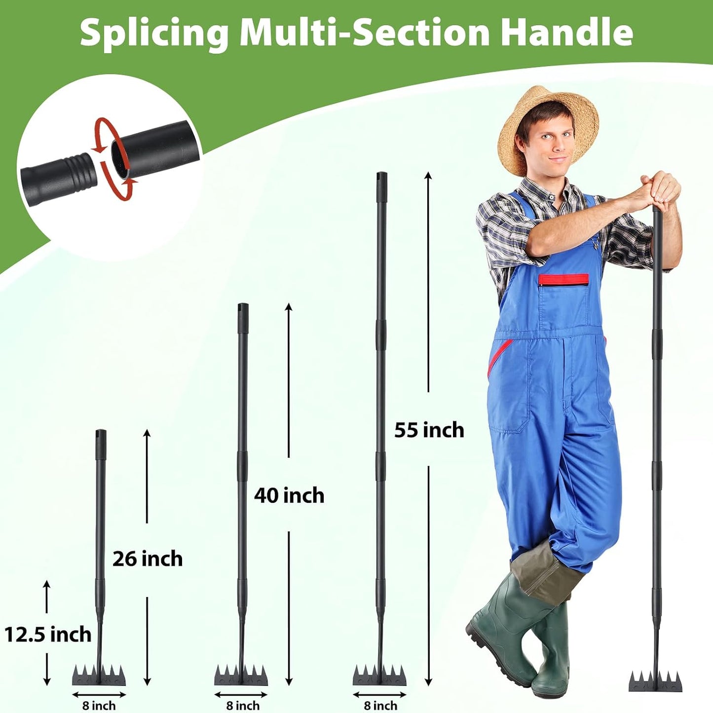 Manual Weeder Tool,4 Tines Garden Weeding Rake with Sharp Blade,55 Inch Long Handle,Heavy Duty Stand Weeding Tool for Weeding Loosening Soil Gathering Leaf Leveling Thatch Rake