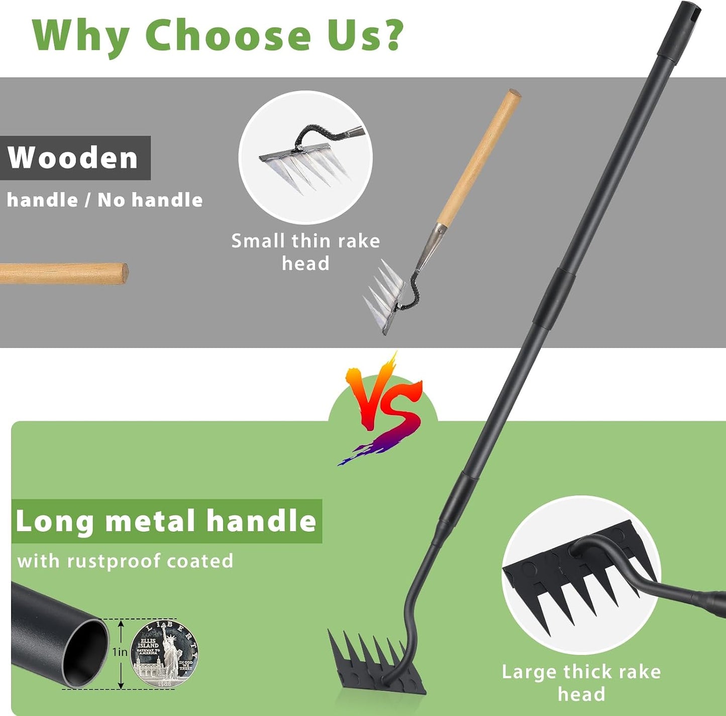 Manual Weeder Tool,4 Tines Garden Weeding Rake with Sharp Blade,55 Inch Long Handle,Heavy Duty Stand Weeding Tool for Weeding Loosening Soil Gathering Leaf Leveling Thatch Rake