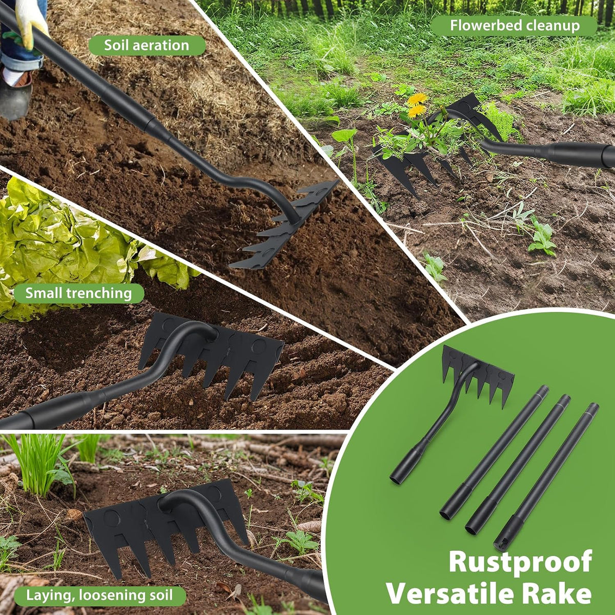 Manual Weeder Tool,4 Tines Garden Weeding Rake with Sharp Blade,55 Inch Long Handle,Heavy Duty Stand Weeding Tool for Weeding Loosening Soil Gathering Leaf Leveling Thatch Rake