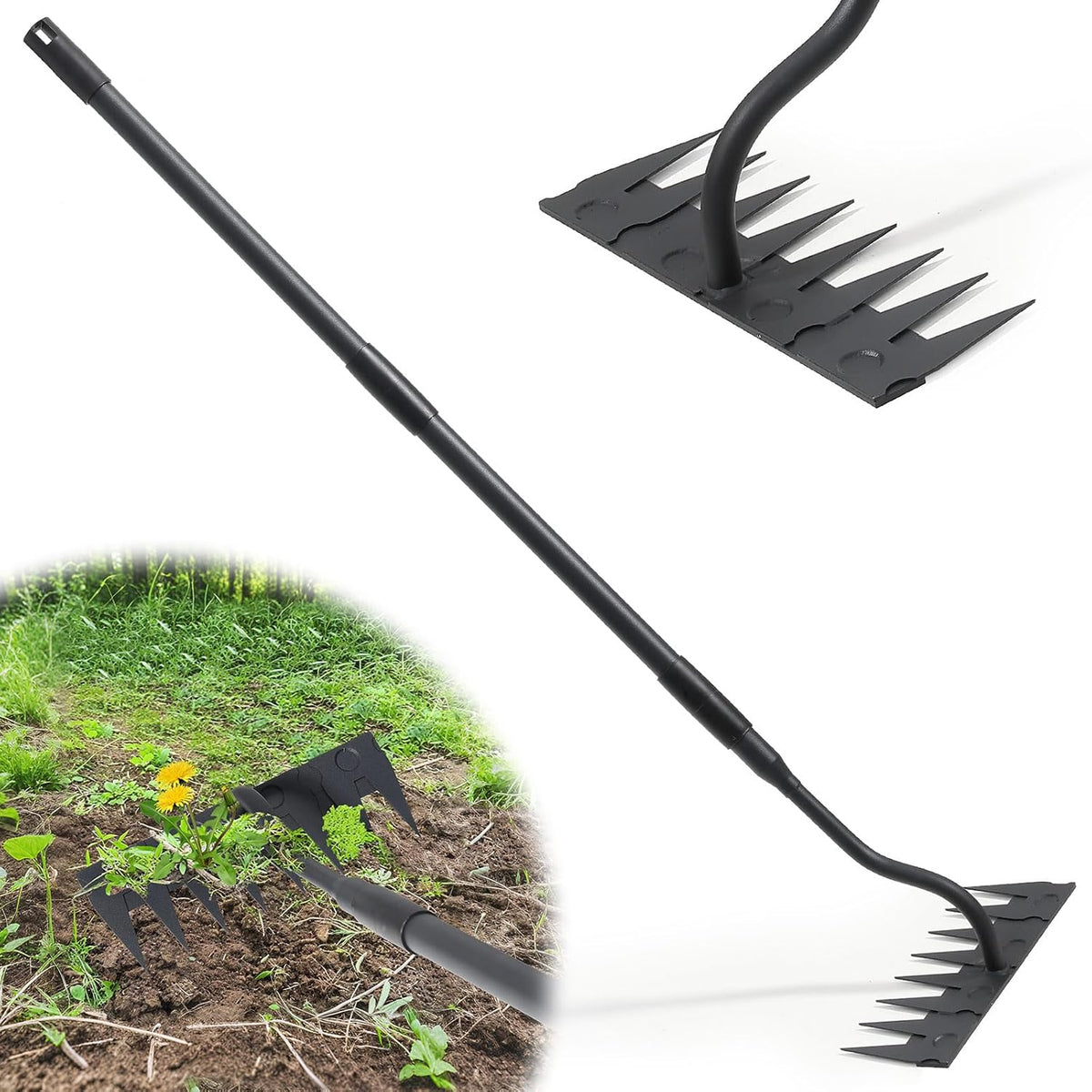 Manual Weeder Tool,4 Tines Garden Weeding Rake with Sharp Blade,55 Inch Long Handle,Heavy Duty Stand Weeding Tool for Weeding Loosening Soil Gathering Leaf Leveling Thatch Rake