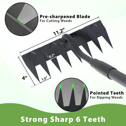 Manual Weeder Tool,4 Tines Garden Weeding Rake with Sharp Blade,55 Inch Long Handle,Heavy Duty Stand Weeding Tool for Weeding Loosening Soil Gathering Leaf Leveling Thatch Rake