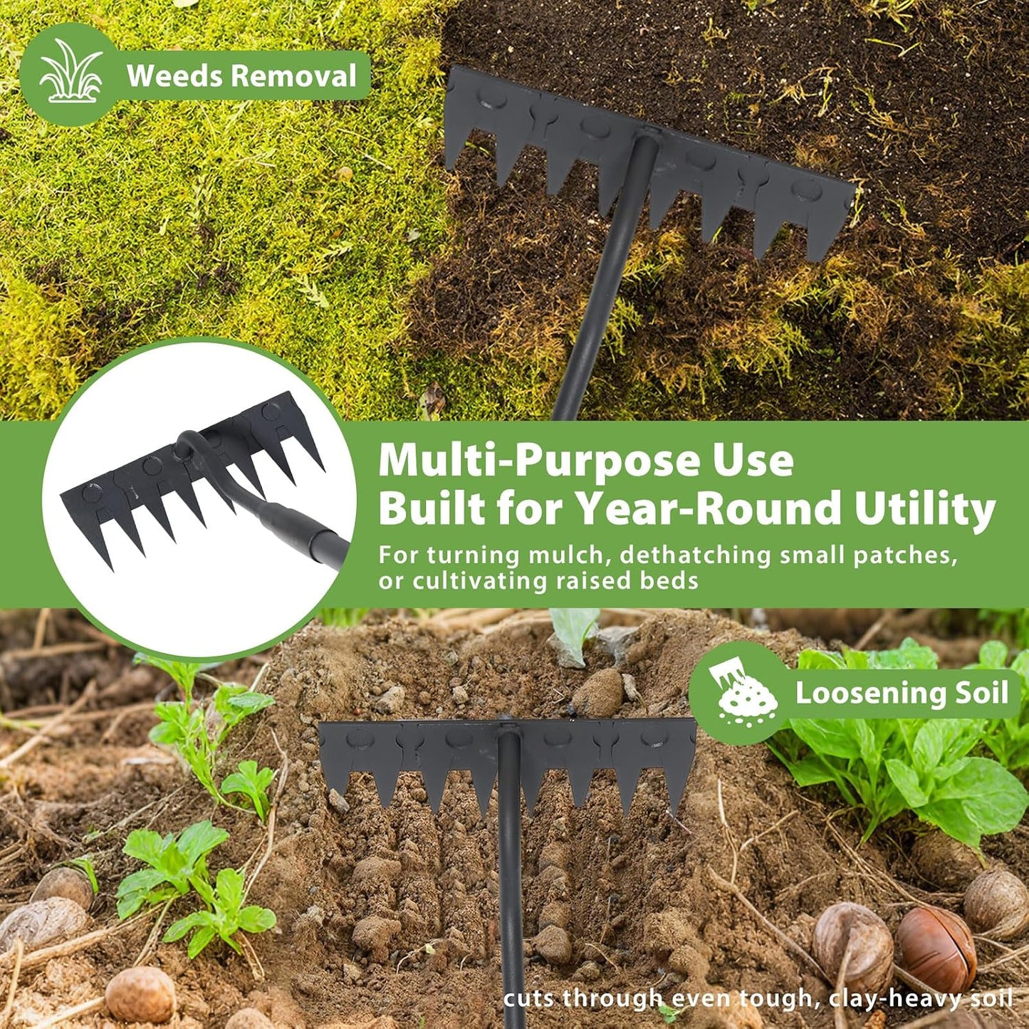 Manual Weeder Tool,4 Tines Garden Weeding Rake with Sharp Blade,55 Inch Long Handle,Heavy Duty Stand Weeding Tool for Weeding Loosening Soil Gathering Leaf Leveling Thatch Rake