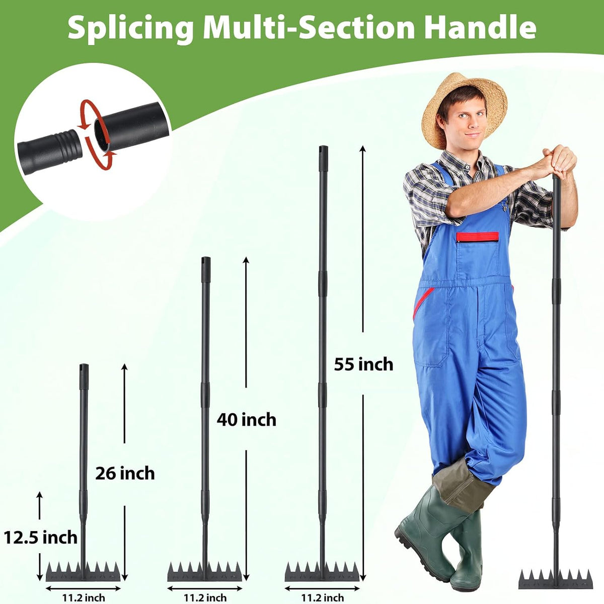 Manual Weeder Tool,4 Tines Garden Weeding Rake with Sharp Blade,55 Inch Long Handle,Heavy Duty Stand Weeding Tool for Weeding Loosening Soil Gathering Leaf Leveling Thatch Rake