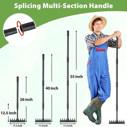 Manual Weeder Tool,4 Tines Garden Weeding Rake with Sharp Blade,55 Inch Long Handle,Heavy Duty Stand Weeding Tool for Weeding Loosening Soil Gathering Leaf Leveling Thatch Rake