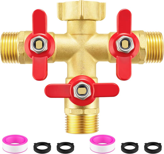 3 Way Garden Hose Splitter Heavy Duty Brass, Full Flow Outdoor Faucet Hose Splitter with 3 Shut Off Valves, 3/4" GHT Metal Hose Connector for Garden, Lawn Irrigation, Yard Watering Etc