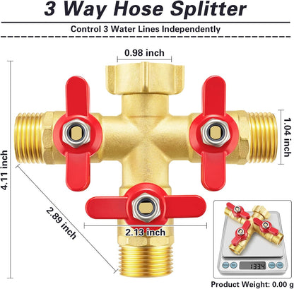 3 Way Garden Hose Splitter Heavy Duty Brass, Full Flow Outdoor Faucet Hose Splitter with 3 Shut Off Valves, 3/4" GHT Metal Hose Connector for Garden, Lawn Irrigation, Yard Watering Etc