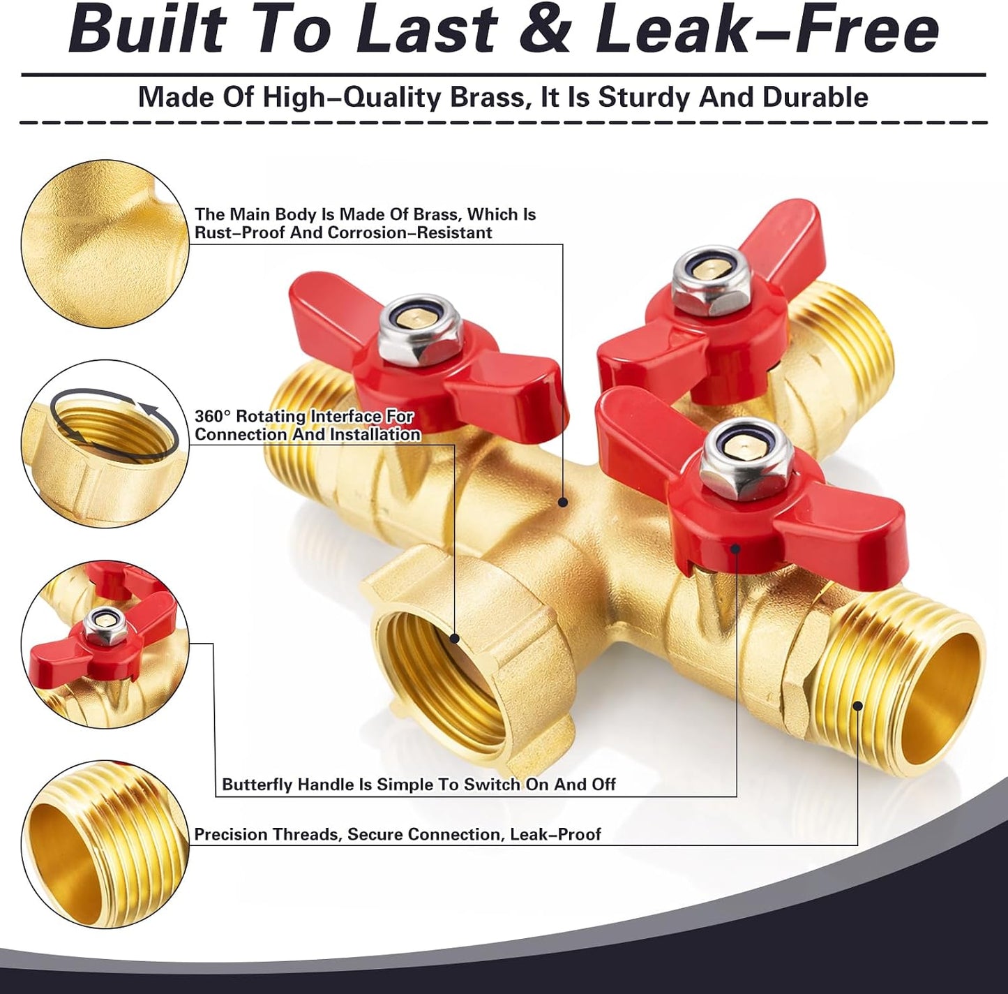 3 Way Garden Hose Splitter Heavy Duty Brass, Full Flow Outdoor Faucet Hose Splitter with 3 Shut Off Valves, 3/4" GHT Metal Hose Connector for Garden, Lawn Irrigation, Yard Watering Etc
