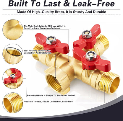 3 Way Garden Hose Splitter Heavy Duty Brass, Full Flow Outdoor Faucet Hose Splitter with 3 Shut Off Valves, 3/4" GHT Metal Hose Connector for Garden, Lawn Irrigation, Yard Watering Etc