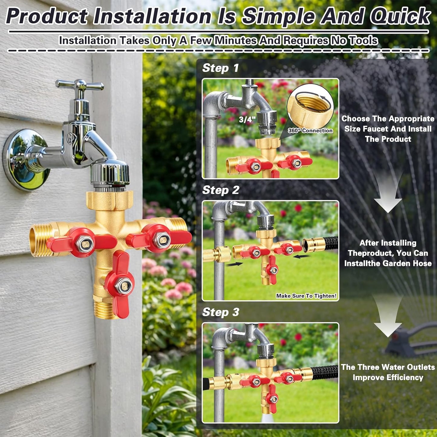 3 Way Garden Hose Splitter Heavy Duty Brass, Full Flow Outdoor Faucet Hose Splitter with 3 Shut Off Valves, 3/4" GHT Metal Hose Connector for Garden, Lawn Irrigation, Yard Watering Etc