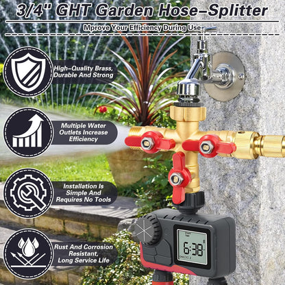 3 Way Garden Hose Splitter Heavy Duty Brass, Full Flow Outdoor Faucet Hose Splitter with 3 Shut Off Valves, 3/4" GHT Metal Hose Connector for Garden, Lawn Irrigation, Yard Watering Etc