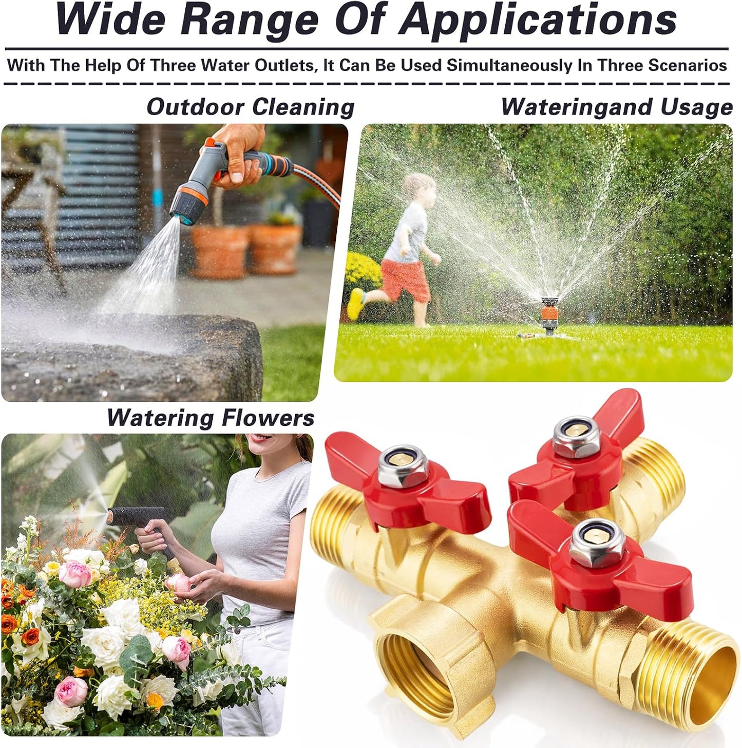3 Way Garden Hose Splitter Heavy Duty Brass, Full Flow Outdoor Faucet Hose Splitter with 3 Shut Off Valves, 3/4" GHT Metal Hose Connector for Garden, Lawn Irrigation, Yard Watering Etc