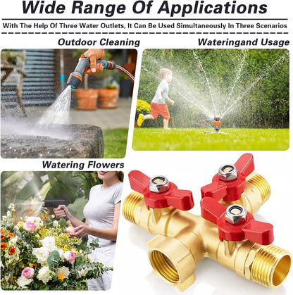 3 Way Garden Hose Splitter Heavy Duty Brass, Full Flow Outdoor Faucet Hose Splitter with 3 Shut Off Valves, 3/4" GHT Metal Hose Connector for Garden, Lawn Irrigation, Yard Watering Etc