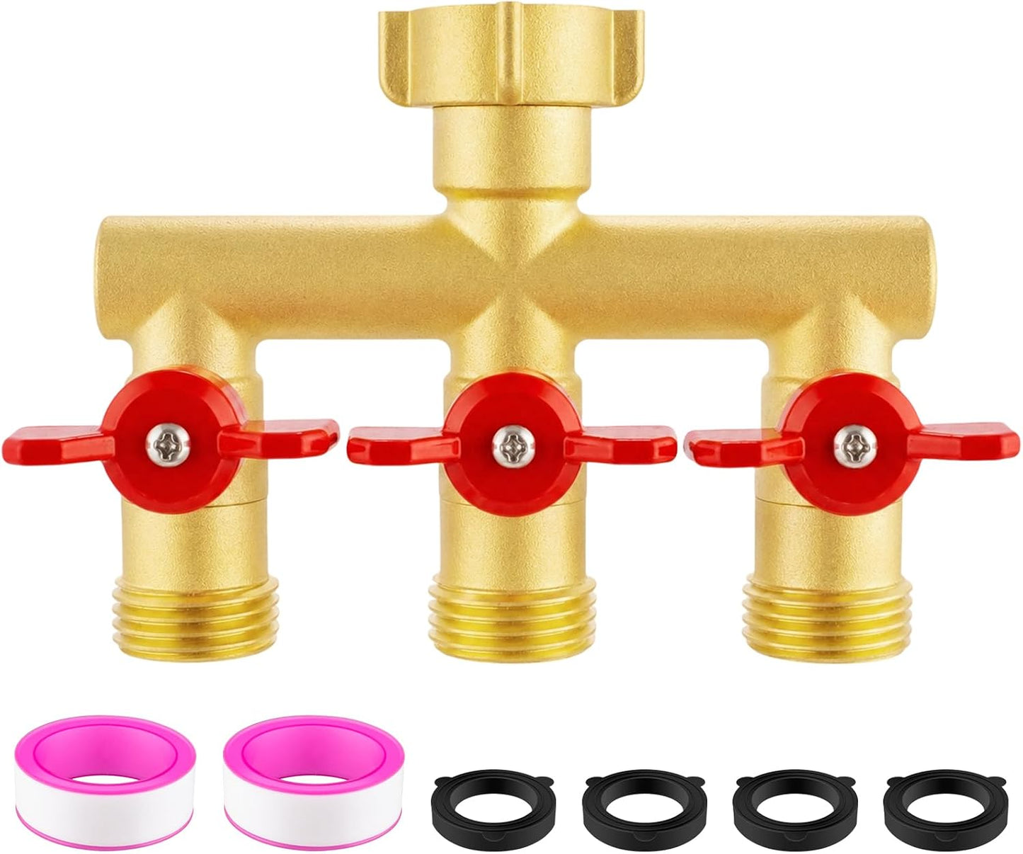 3 Way Garden Hose Splitter Heavy Duty Brass, Full Flow Outdoor Faucet Hose Splitter with 3 Shut Off Valves, 3/4" GHT Metal Hose Connector for Garden, Lawn Irrigation, Yard Watering Etc