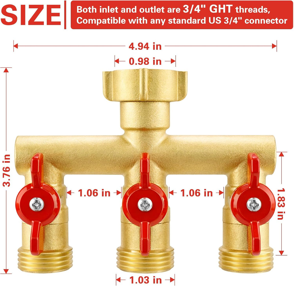 3 Way Garden Hose Splitter Heavy Duty Brass, Full Flow Outdoor Faucet Hose Splitter with 3 Shut Off Valves, 3/4" GHT Metal Hose Connector for Garden, Lawn Irrigation, Yard Watering Etc